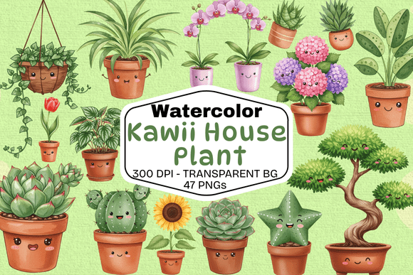Download Watercolor Kawaii House Plant Set - House plant Collection